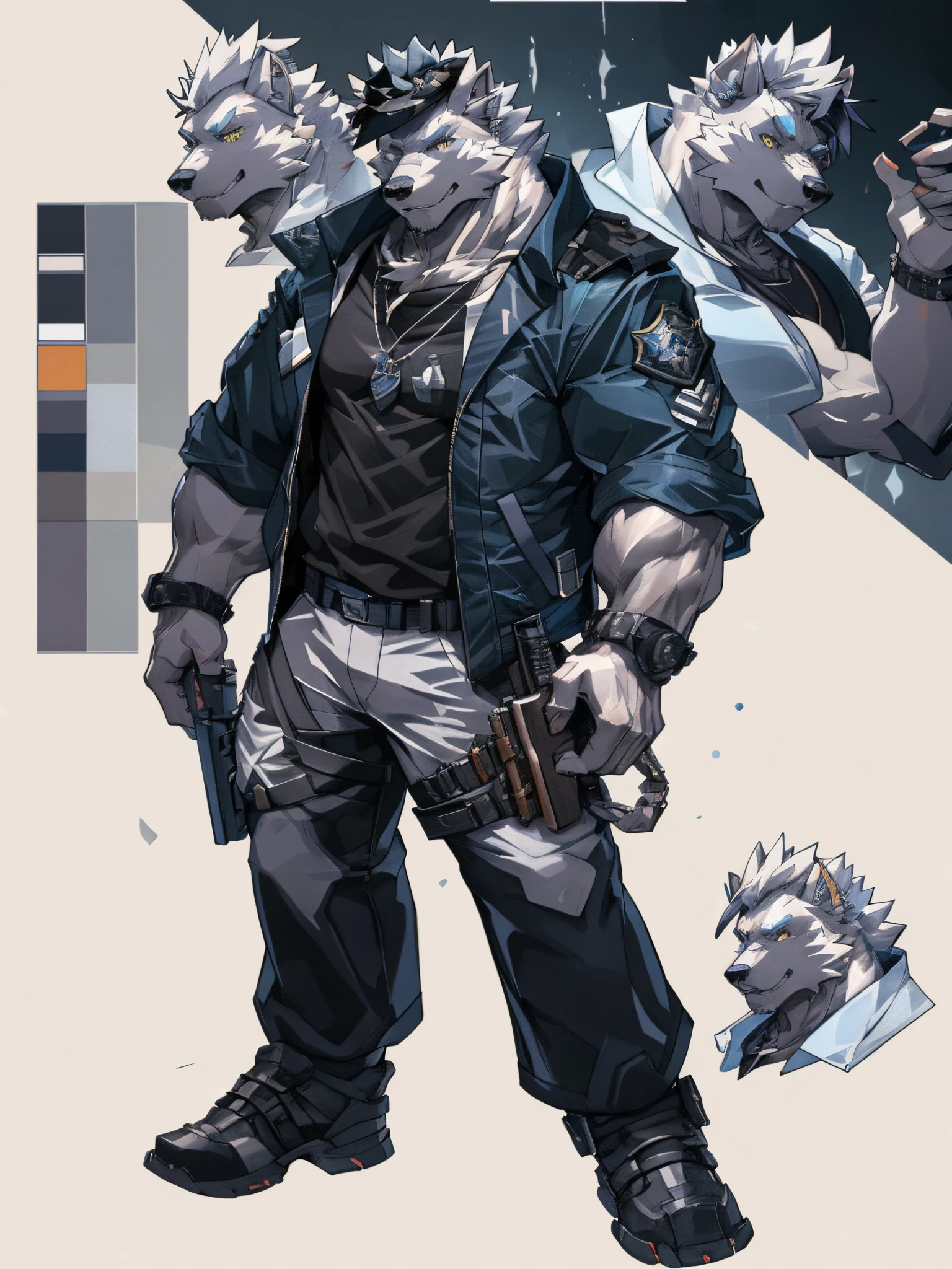 there  a man with a gun and a wolf on his back, character design police man, highly detailed character design, character design police man!!, shadowrun character art, detailed full body concept art, great character design, detailed anime character art, character artwork, official character illustration, striking detailed artstyle, ( ( character concept art ) ), detailed full body concept