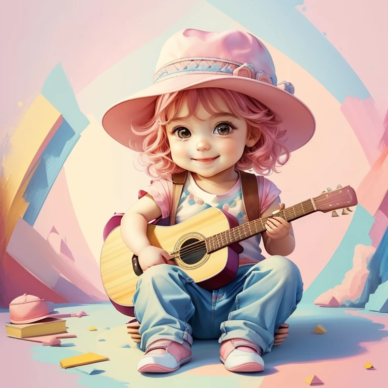 (cute baby boy smiling with jeans and hat playing a guitar), Munchkin ,Geometric multidimensional wall portrait, livro de arte, Tchibi,
Yang08k, Beautiful, Colouring,
Obras, of the highest quality, best quality, Arte Oficial, Beautiful and Aesthetic,