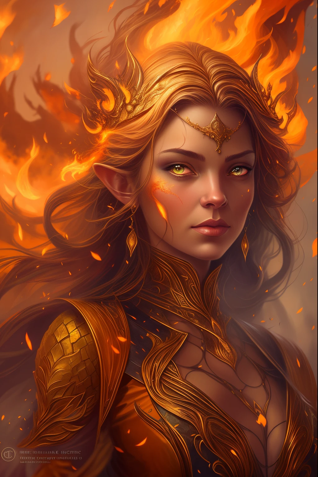 una mujer con cabeza de fuego y vestido dorado, epic fantasy digital art style, epic fantasy art style, epic fantasy style art, Detailed fantasy art, fantasy art behance, epic fantasy art portrait, Epic Fantasy Art Style HD, 4K fantasy art, fantasy concept art portrait, graphic artist magali villeneuve, detailed fantasy digital art, Fantasy style art