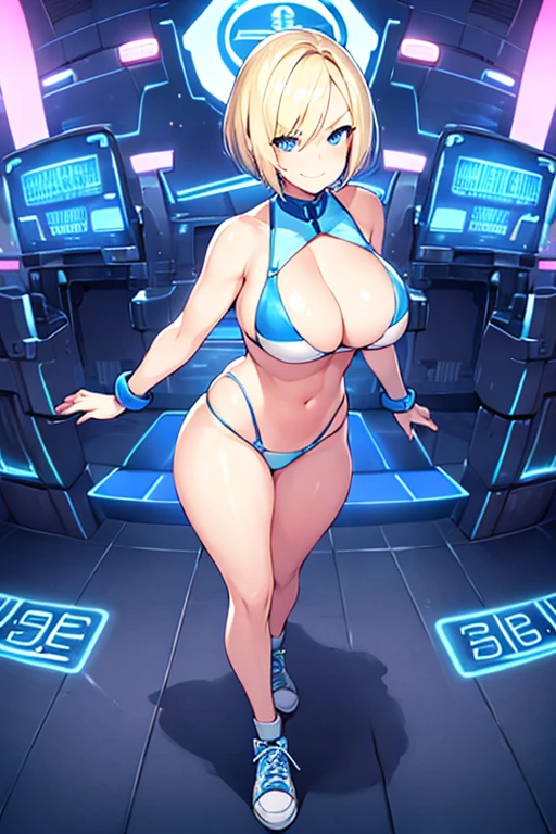 1girl, blonde hair, short hair, very short hair, blue eyes, shoes, sneakers, science-fiction, tech, futuristic, neon, machinery, neon trim, bikini, white bikini, blue neon trim, blue trim, large breasts, breasts, thick thighs, wide hips, smirk, smug, smile, cleavage