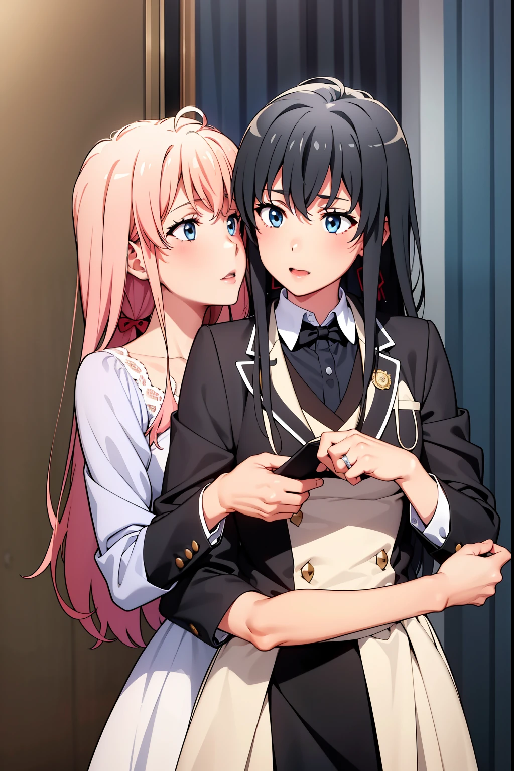 2girls, yuri, Yukinoshita Yukino, Yuigahama Yui ,Yukino in tuxedo, Yukinoshita holds her wife Yuigahama yui in wedding Dress , 2girls , yukinoshita yukino , yuigahama yui , waltz dance