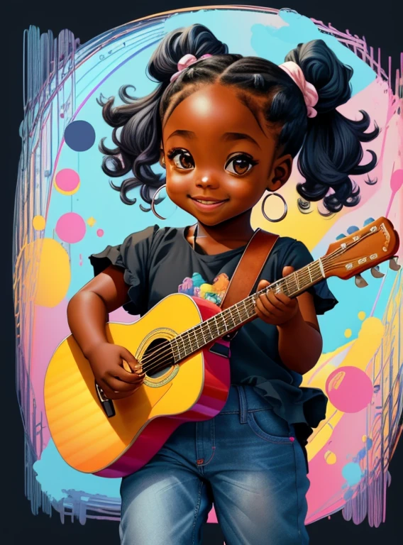 (cute black baby girl smiling with jeans and ponytails playing a guitar), Munchkin ,Geometric multidimensional wall portrait, livro de arte, Tchibi,
Yang08k, Beautiful, Colouring,
Obras, of the highest quality, best quality, Arte Oficial, Beautiful and Aesthetic,