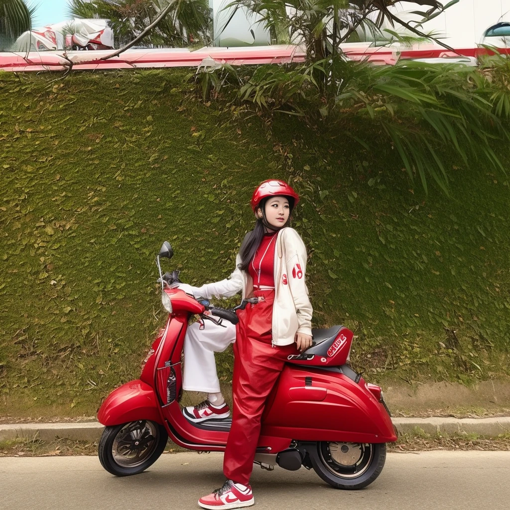 arafed woman on a red scooter with a helmet on, inspired by Oka Yasutomo, moped, riding on the moped scooter, she wearing streetwear, cool red jacket, wearing red attire, random artist
