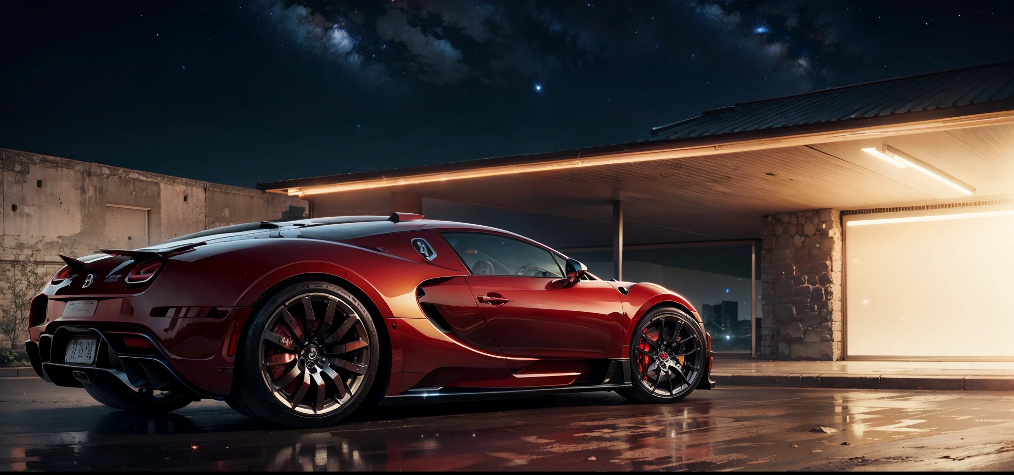 A beautiful Red Bugatti with back head lights on parked in front a modern and stylist building with a night sky full of stars and a comet crossing the sky