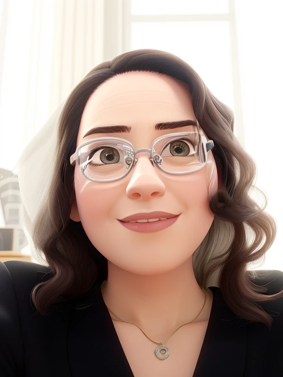 Uma mulher executiva, madura, Serious, Chic and wise, com cabelo longo e liso escuro, olhos na cor preta, olhos esbugalhados e boca grande, with black dress pants, blusa branca e brazer preto, of prescription glasses with brown frame with ounce, sneaker , In a fancy law firm.