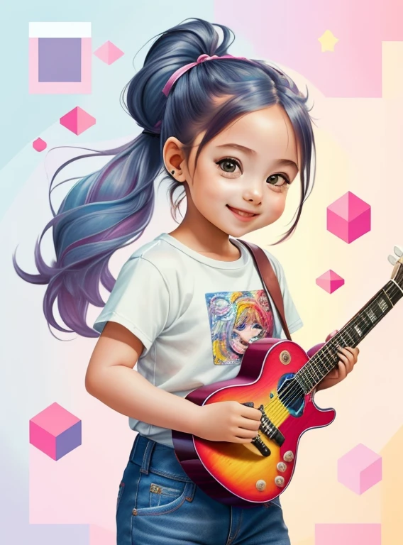 (cute baby girl smiling with jeans and ponytails playing a guitar)), Munchkin ,Geometric multidimensional wall portrait, livro de arte, Tchibi,
Yang08k, Beautiful, Colouring,
Obras, of the highest quality, best quality, Arte Oficial, Beautiful and Aesthetic,