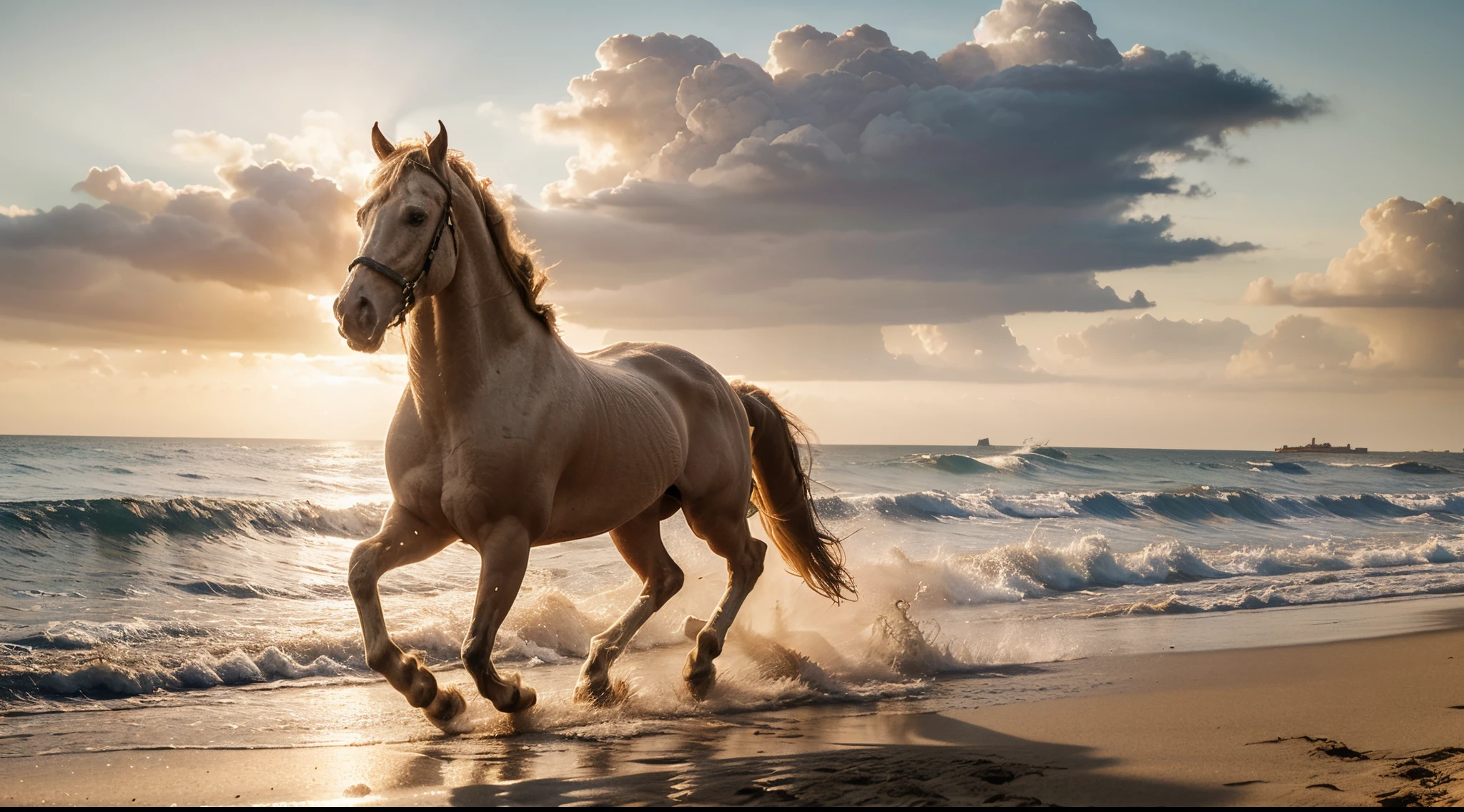 Create a mesmerizing image featuring a majestic white horse in full gallop along a sandy beach during the golden hour of sunset. Capture the dynamic motion of the horse against a backdrop of a cloudy sky illuminated with warm, golden hues. Emphasize the ethereal atmosphere of the scene with attention to the horse's graceful movement, the texture of the beach, and the captivating interplay of light and shadow. Transport the viewer to a moment of serene beauty, where the horse and the natural surroundings harmonize in a breathtaking coastal landscape, digital art