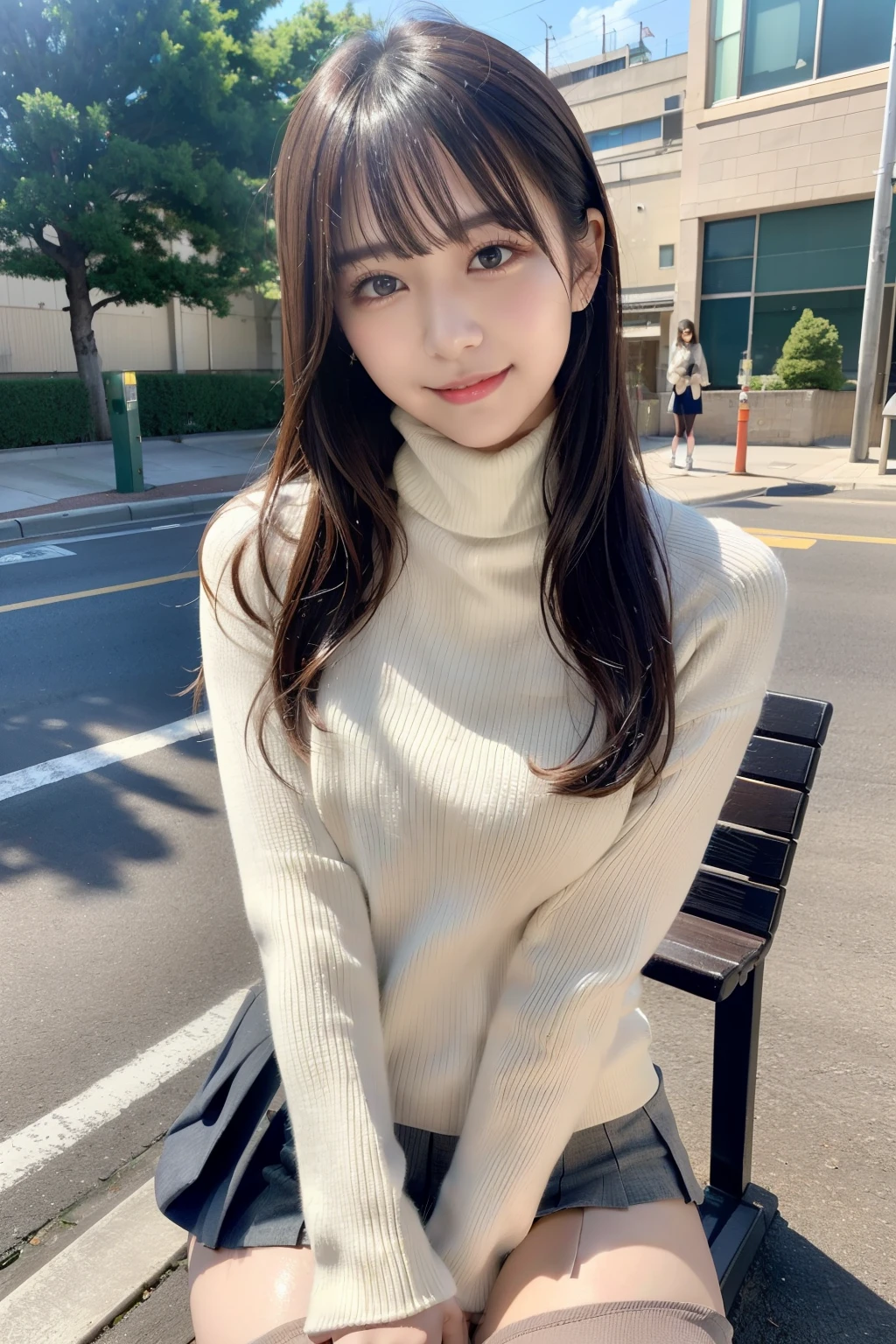 Top image quality、​masterpiece、超A high resolution、Raw photography、(Photorealsitic:1.4)、1girll、A detailed face、cowboy  shot、(turtle neck、a miniskirt、Muffler on the neck:1.5)、 long dishevelled silver-haired:1.5、Bokeh、Beautiful light inodell pose、slender、韓国アイドル、age19、（A smile:1.5)、Street Trees、sit on a bench、