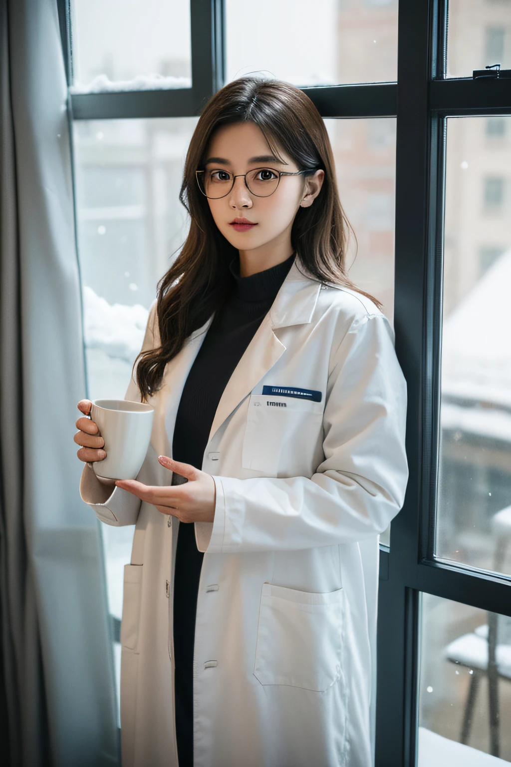 A very beautiful 25-year-old female doctor was standing in front of a window holding a cup of coffee. The female doctor has a square face and a pointed chin. Her hair falls on her shoulders and looks wavy. The female doctor wears glasses. The female doctor wears a white jute coat. A traditional Burmese shirt worn under the coat. A stethoscope placed in the outer pocket of the white coat. It snowing outside the window. I want the image of the doctor to be displayed in 3D.