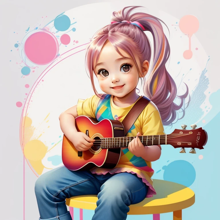 (cute smiling with jeans and ponytails playing a guitar), Munchkin ,Geometric multidimensional wall portrait, livro de arte, Tchibi,
Yang08k, Beautiful, Colouring,
Obras, of the highest quality, best quality, Arte Oficial, Beautiful and Aesthetic,