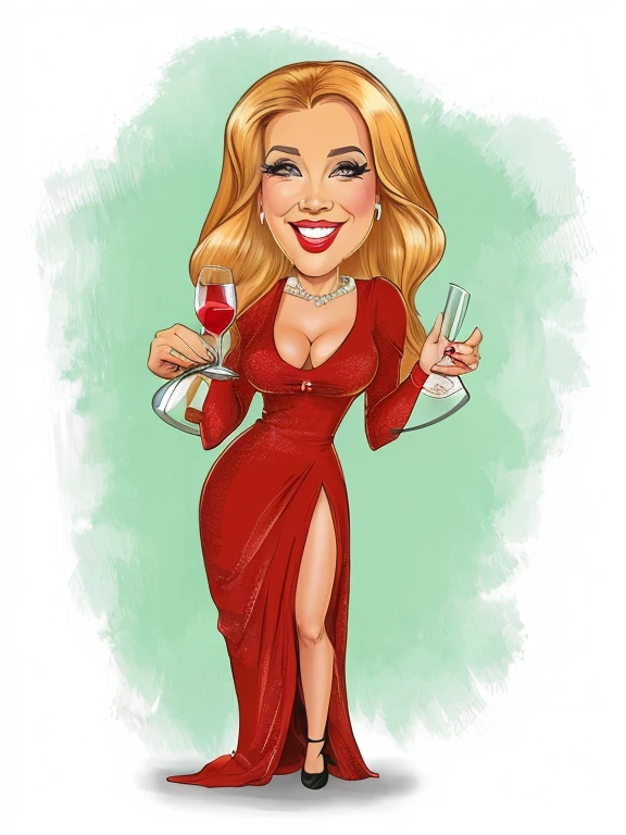 a drawing of a woman in a red dress holding a glass of wine, estilo caricatura, in cartoon style, caricature illustration, charicatura, caricatura, em um vestido vermelho, Colorido digitalmente, Phtoto em tons de cinza com vestido vermelho, retrato dos desenhos animados, caricatural, Cartoon style illustration, estilo dos desenhos animados, political cartoon style, color digital illustration, 4 0 anos