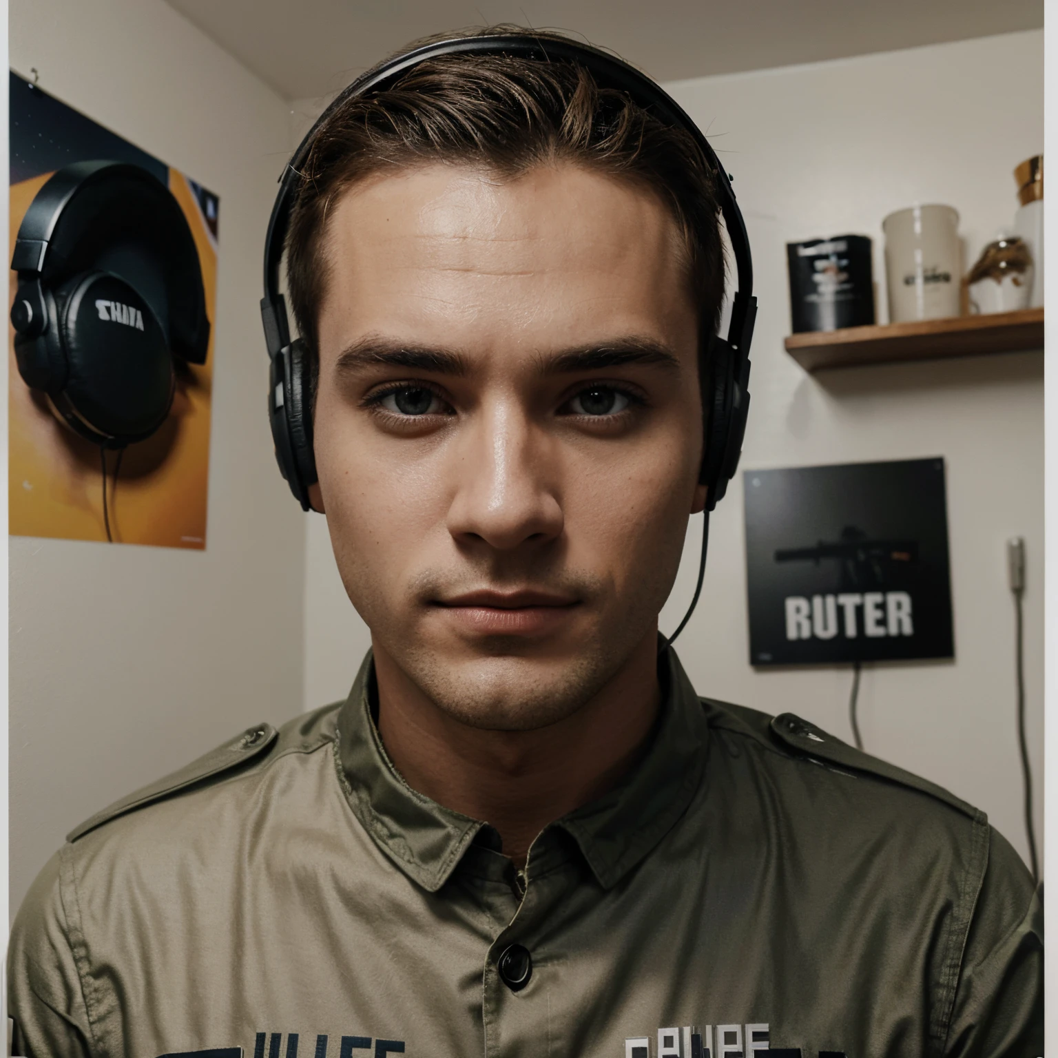 Poster 3D inspirado na pixel capturando uma cena com um homem de 23 anos branco com olhos castanhos e cabelo estilo corte militar, camisa preta, he is happy wearing a headset in a youtuber room