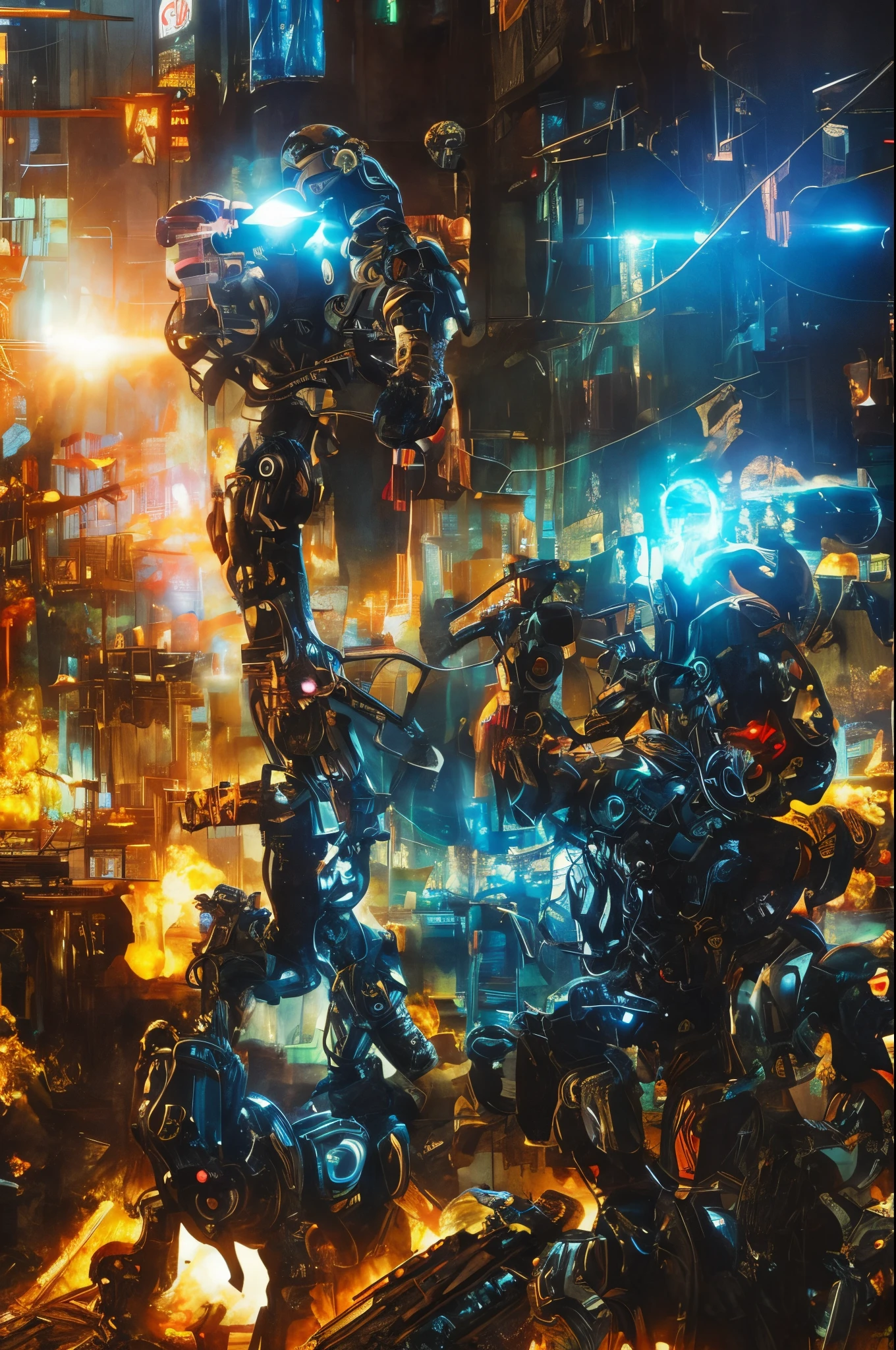 Dark_Fantasy,Cyberpunk, (Best Quality, masutepiece),white,1woman,(huge breasts:1.3),Mechanical Marvel,Robotic presence,Cybernetic Guardian,wearing a cybernetic jacket,city, highest quality digital art, stunning art, Wallpaper 4k, Highly detailed, Military Robots,army, Warzone,Black and white, highest quality digital art, stunning art, Wallpaper 4k,8K,64k uhd, hard disk, unparalleled masterpiece ever, Dynamic lighting, Cinematic, epicd, Damaged mechanical components