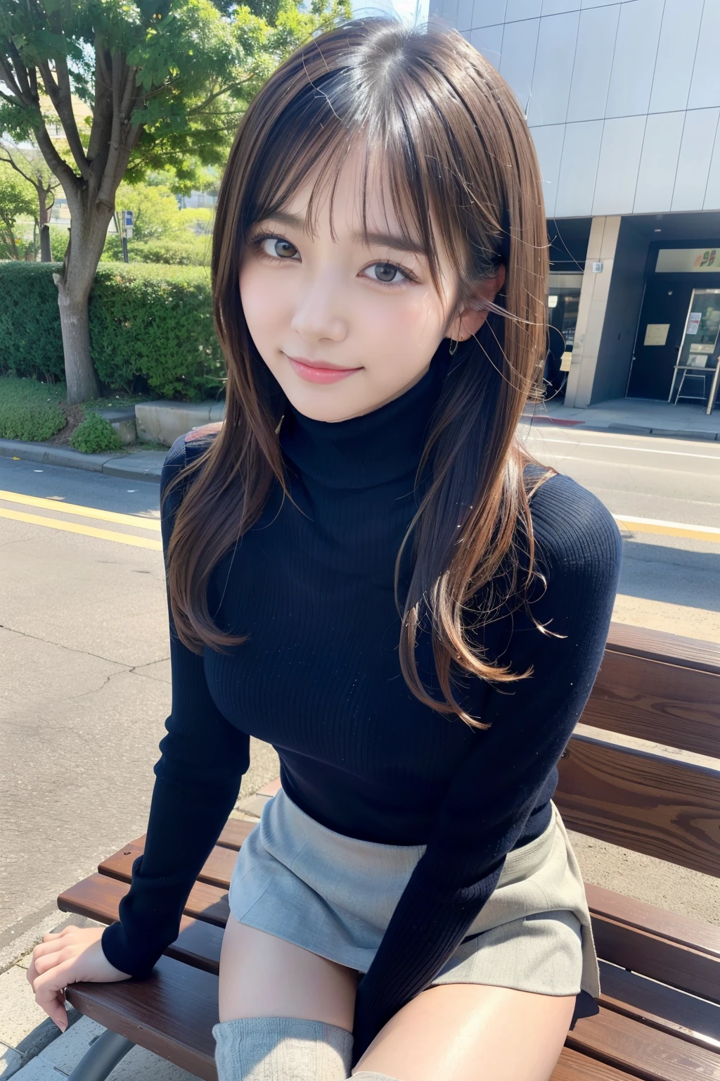 Top image quality、masterpiece、超A high resolution、Raw photography、(Photorealsitic:1.4)、1girll、A detailed face、cowboy shot、(turtle neck、a miniskirt、Muffler on the neck:1.5)、 long dishevelled silver-haired:1.5、Bokeh、Beautiful light inodell pose、slender、韓国アイドル、age19、(A smile:1.5)、Street Trees、sit on a bench、
