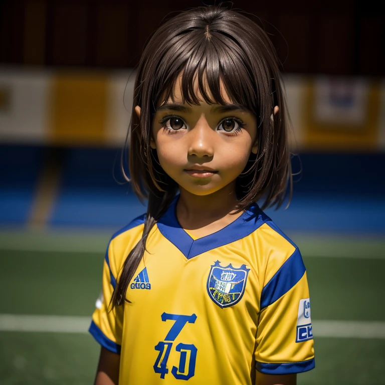 a 7 year old girl, shoulder-length straight dark hair, vibrant dark brown eyes, tan  skin, wearing a Minas Gerais athletic football team shirt goinh tô the church