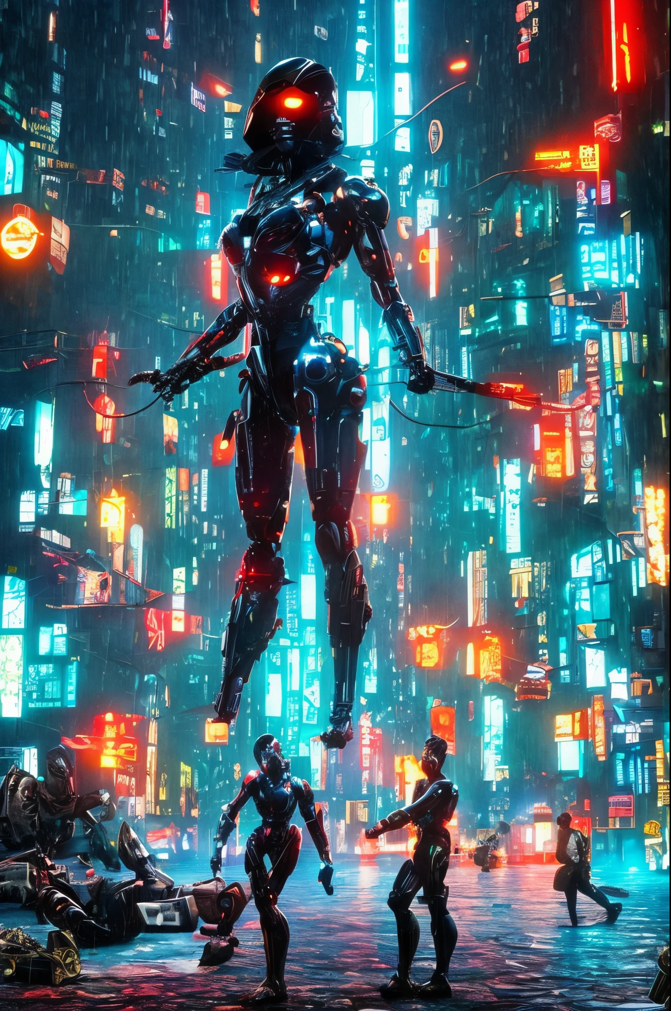 Dark_Fantasy,Cyberpunk, (Best Quality, masutepiece),white,1woman,(huge breasts:1.3),Mechanical Marvel,Robotic presence,Cybernetic Guardian,wearing a cybernetic jacket,city, highest quality digital art, stunning art, Wallpaper 4k, Highly detailed, Military Robots,army, Warzone,Black and white, highest quality digital art, stunning art, Wallpaper 4k,8K,64k uhd, hard disk, unparalleled masterpiece ever, Dynamic lighting, Cinematic, epicd, Damaged mechanical components