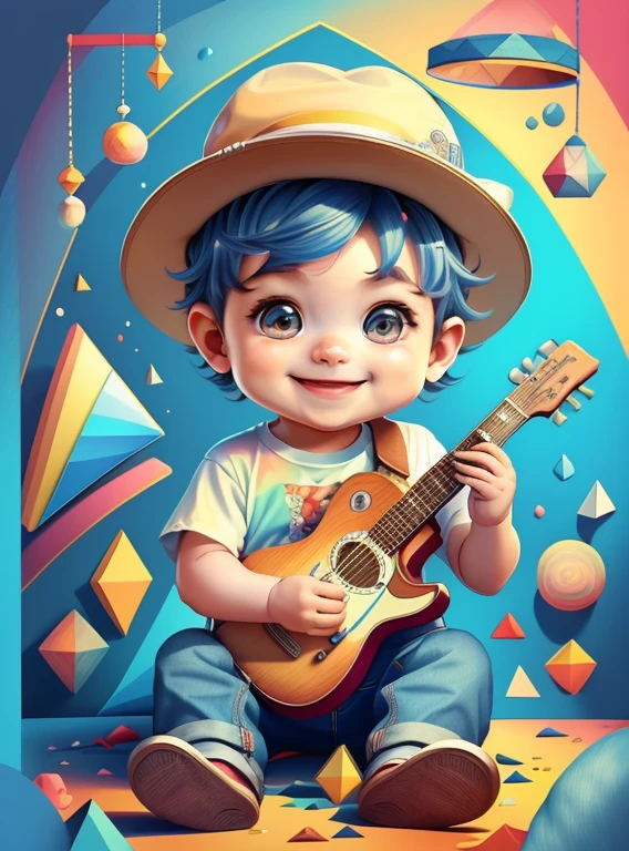 (cute baby boy smiling with jeans and hat playing a guitar), Munchkin ,Geometric multidimensional wall portrait, livro de arte, Tchibi,
Yang08k, Beautiful, Colouring,
Obras, of the highest quality, best quality, Arte Oficial, Beautiful and Aesthetic,