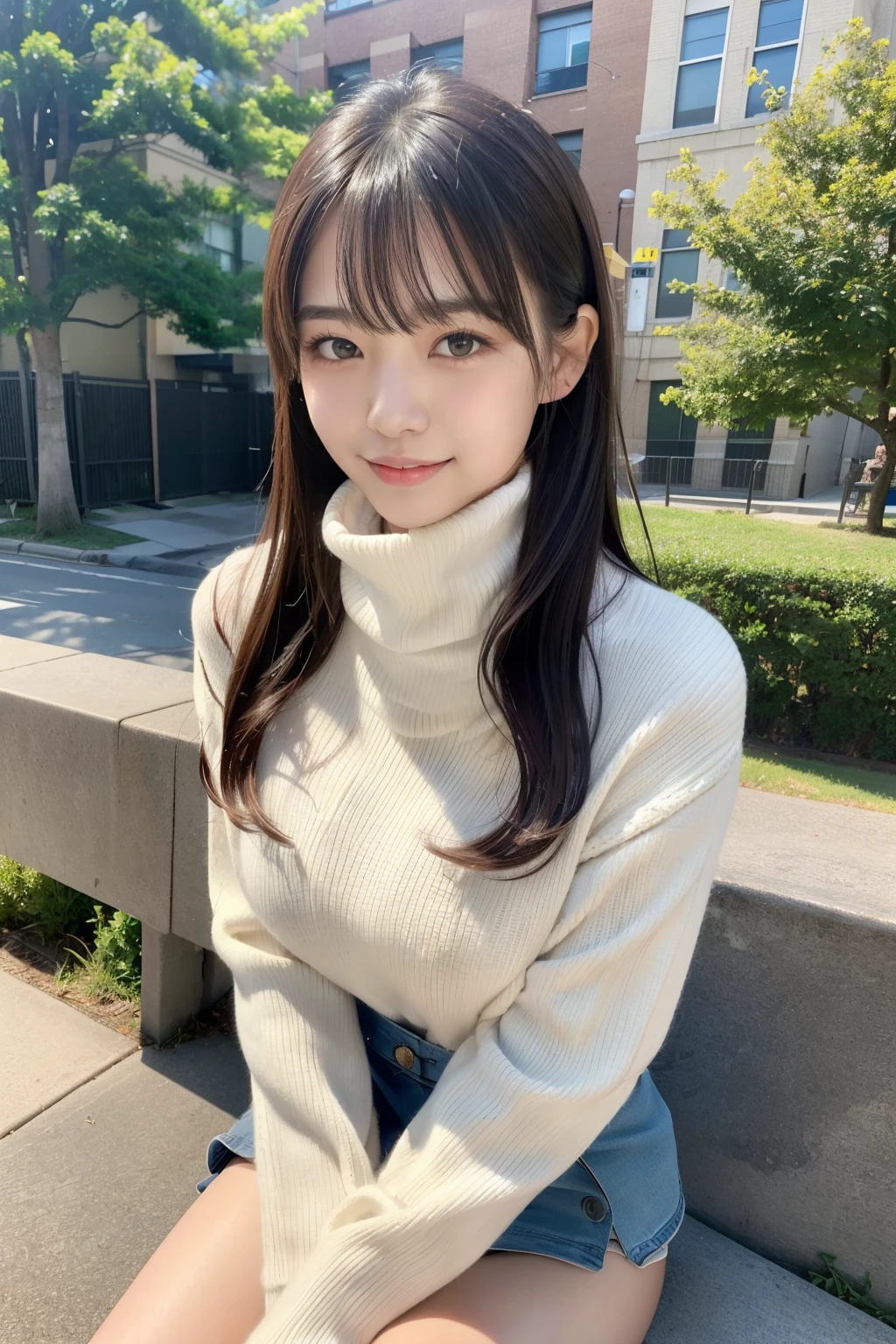Top image quality、​masterpiece、超A high resolution、Raw photography、(Photorealsitic:1.4)、1girll、A detailed face、cowboy  shot、(turtle neck、a miniskirt、Muffler on the neck:1.5)、 long dishevelled silver-haired:1.5、Bokeh、Beautiful light inodell pose、slender、韓国アイドル、age19、（A smile:1.5)、Street Trees、sit on a bench、