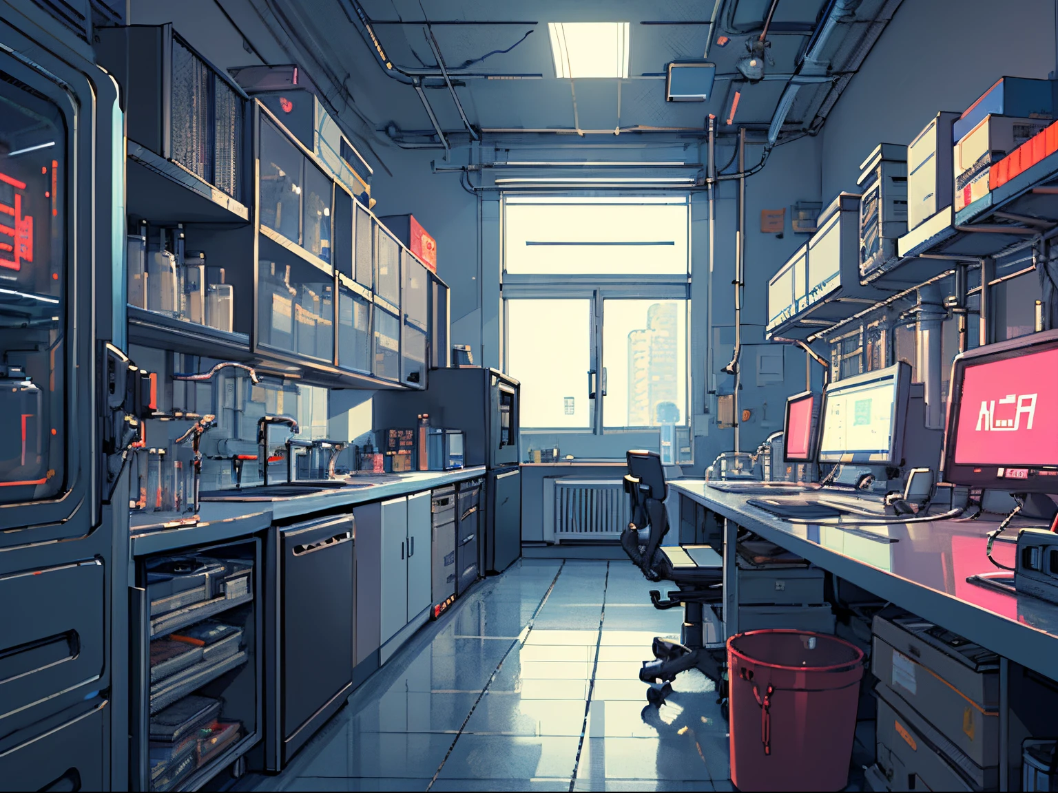 A pixel art of cyberpunk on a laboratory room, room, dark laboratory, (ultra detailed), (masterpiece), intricate, intricate details, pixelart