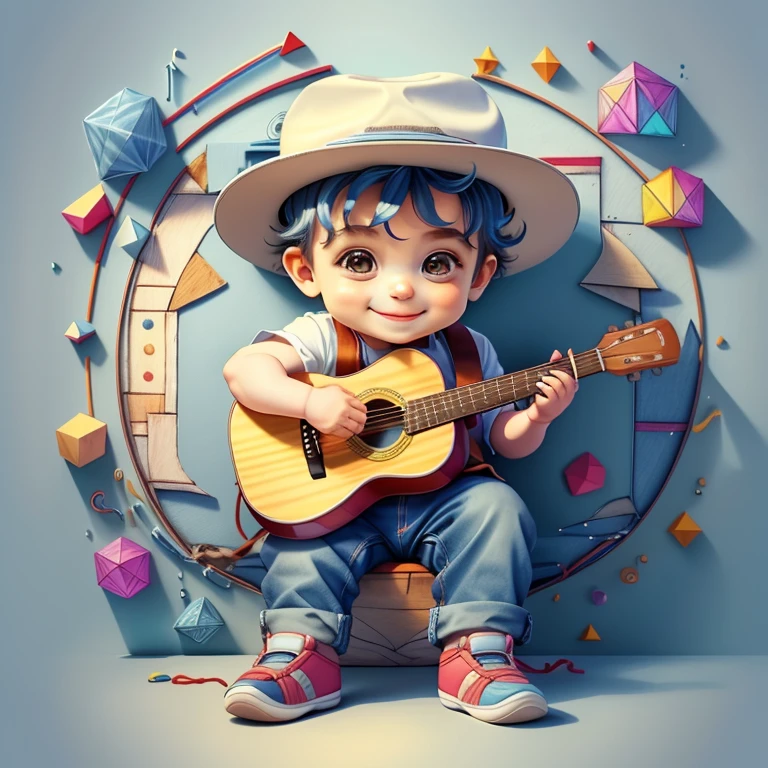 (cute baby boy smiling with jeans and hat playing a guitar), Munchkin ,Geometric multidimensional wall portrait, livro de arte, Tchibi,
Yang08k, Beautiful, Colouring,
Obras, of the highest quality, best quality, Arte Oficial, Beautiful and Aesthetic,