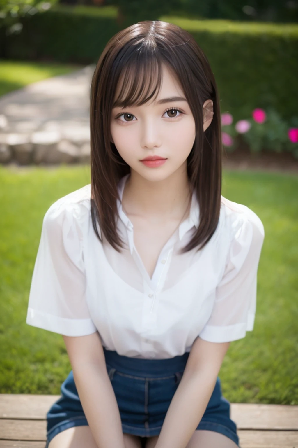 girl smiling in the garden、Look at me、10 generations、(8K、Raw photo、Background bokeh:1.2)、(Blouse、a miniskirt:1.5)
