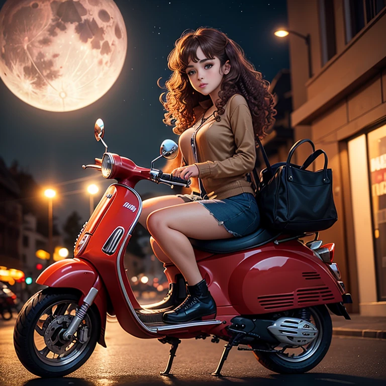 high definition quality photo, a beautiful girl, brown curly hair, riding red vespa , full moon, night