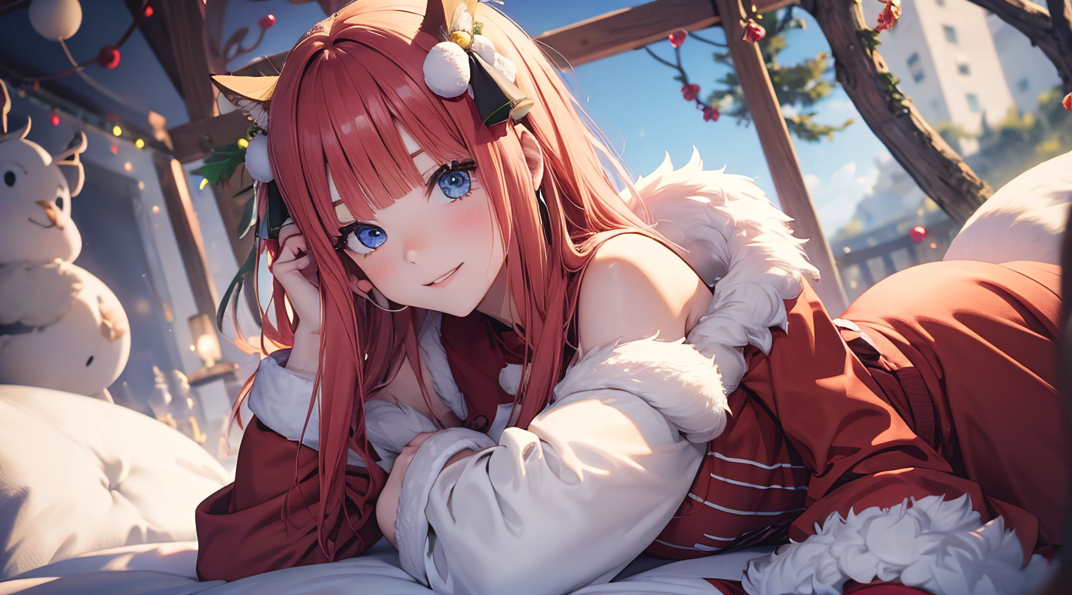 Nino Nakano sonriendo,orejas largas,sexy,Christmas Dress,bosque nevado,arbol de navidad
