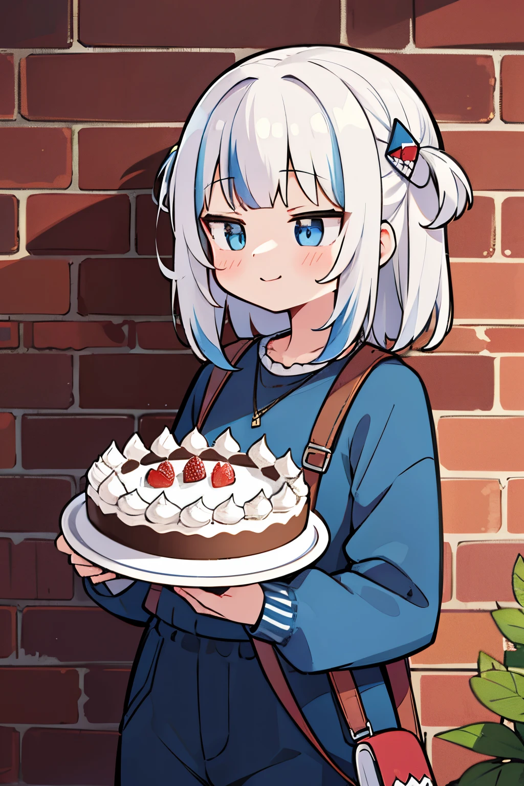 ((Gawr gura)), ((Best Quality, 8K, masutepiece:1.3)), ((Very big and beautiful cake on hand.)), Focus: 1.2, (Perfect Body Beauty), (Best Quality), (Best Shadow), Detailed, Perfect Lighting, BREAK, Little smile, cute eyes, swept bangs, Perfect Anatomy, BREAK, Stand on the brick wall, Looking away, Upper body, (baggy) saxophone blue collage jacket, Sweatshirt, 1 crossbody bag for girls, sneakers, Black jersey pants,