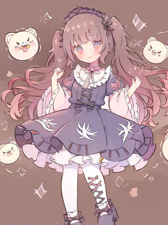 One girl、cute little、masterpiece, top-quality、Top image quality, cafe background, loli in dress, cafe waitress, miuna, slender, (brown hair:1.3), medium breasts, (long hair:1.2), full body, (round face:1.4), (round chin:1.4), (glossy lips:1.2), sparkling pink detailed glass eyes, looking at viewer, cafe striped pink and white marshmellow party, jrkjs, detailed, skirt, twintails, thighhighs, lace, shirt, black mary jane heel footwear, jirai kei,Smile, BREAK, ((gothic lolita janska:1.5)), (Wain reddo dress with pastel color lace decoration), Crystallization of clothes, striped cloth, colorful Clothes, gradient background, Floating light spot, ((Princess in a gorgeous rococo ball gown decorated with beautiful embroidery and jewels, with a voluminous full-length hoop skirt with ruffles)), ((crinoline)), (sparkle) of the anime girl, detailed five fingers on each hand, 2 hands, 2 feet, knee white stocking, cute face, sparkle big eyes long lashes, standing in a dynamic pose, kawaii accessories cute hello kitty charm and golden chain purse, hair accessory, at background, detailed cute fluffy brown bear, soft warm inviting, cafe table bread coffee, pastel light yellow light pink colors,illustration in the style of @ekureea on X twitter, Lolita glam dress, art by @hareroom1 on Twitter, beautiful line art, manga, beautiful line art, manga style, manga art style, pencil and ink caricature drawing, flat colours, detailed, attention to detail,