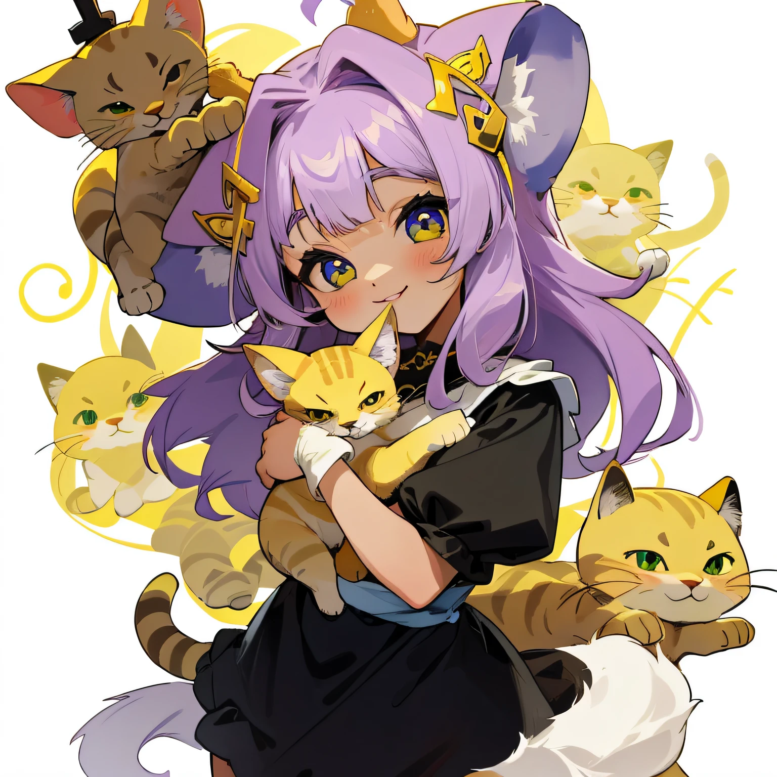 , orelha de gatinho ,cabelo roxo, sorriso aparente , olhos verdes , pupila de gato