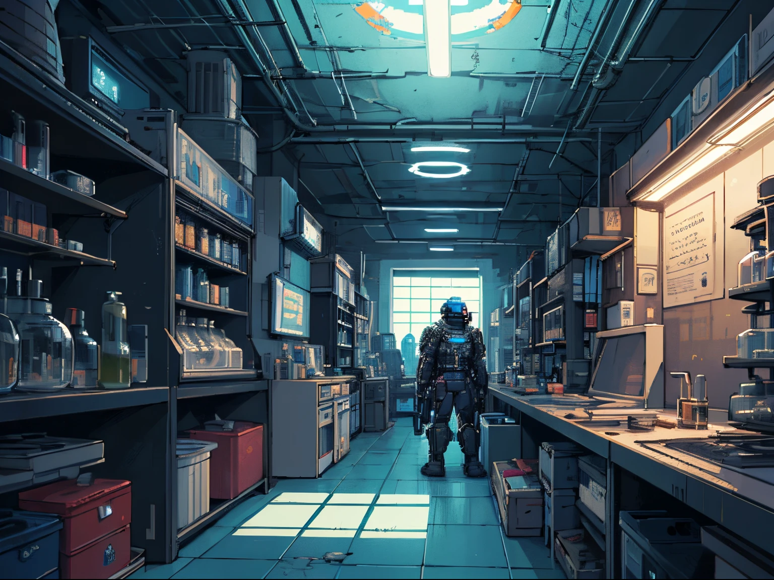 A pixel art of cyberpunk, metroidvidia, room, dark laboratory, (ultra detailed), (masterpiece), intricate, intricate details, pixelart