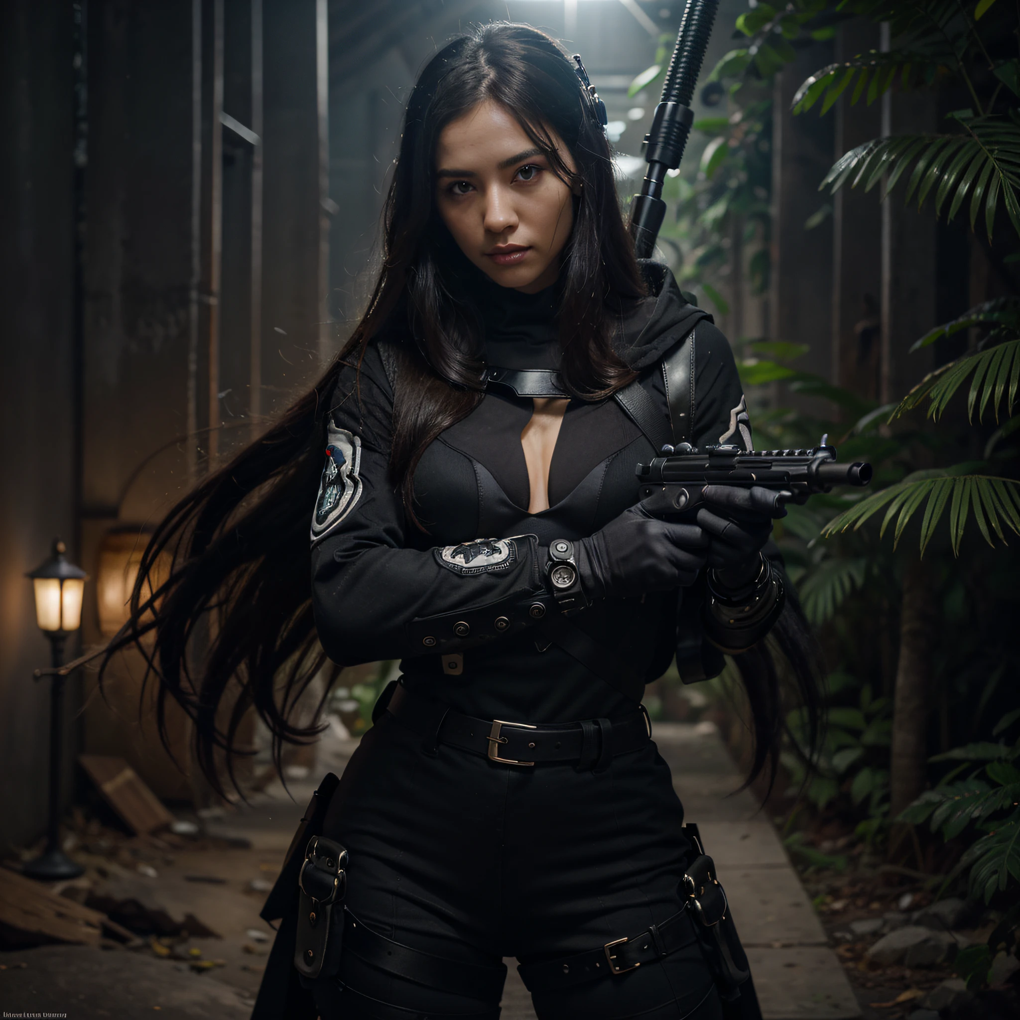 Hermosa mujer guerrera, Cara japonesa, Pelo negro muy largo, tight-fitting black full-length diving suit with cyber details, capa negra, Lleva un rifle de francotirador, con una mano sostiene un arma, Belt with ammunition, ella esta en una jungla con mucha flora, Luz nocturna, 4k, Imagen ultra detallada, realista, Altamente detallado, perfect composition, splendid, Intrincadamente detallado, Incredibly detailed, 8 k artistic photography, hiper detallado, Obra maestra, Ultra detallado, hiperrealista, 4k, Imagen ultra detallada, realista , Altamente detallado, perfect composition, splendid, Intrincadamente detallado, Incredibly detailed, 8K fine art photography, hiper detallado, Obra maestra