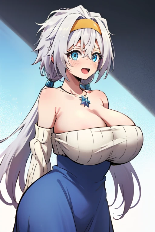 VELZARD, BANGS, BLUE EYES, GREY HAIR, HAIR BETWEEN EYES, LONG HAIR, TWINTAILS, YELLOW HAIRBAND, BARE SHOULDERS, JEWELRY, NECKLACE, DRESS, CLEAVAGE, DETACHED SLEEVES, BLUE SKIRT, 1girl, solo, full body, looking at viewer, smile, (Beautiful,large_Breasts:1.8), big breasts, large breasts, (big breasts:1.7), (huge big breasts:1.6), masterpiece),best quality, expressive eyes, perfect face, 1girl, embarrassed, ;D, ass,ass focus, looking back,