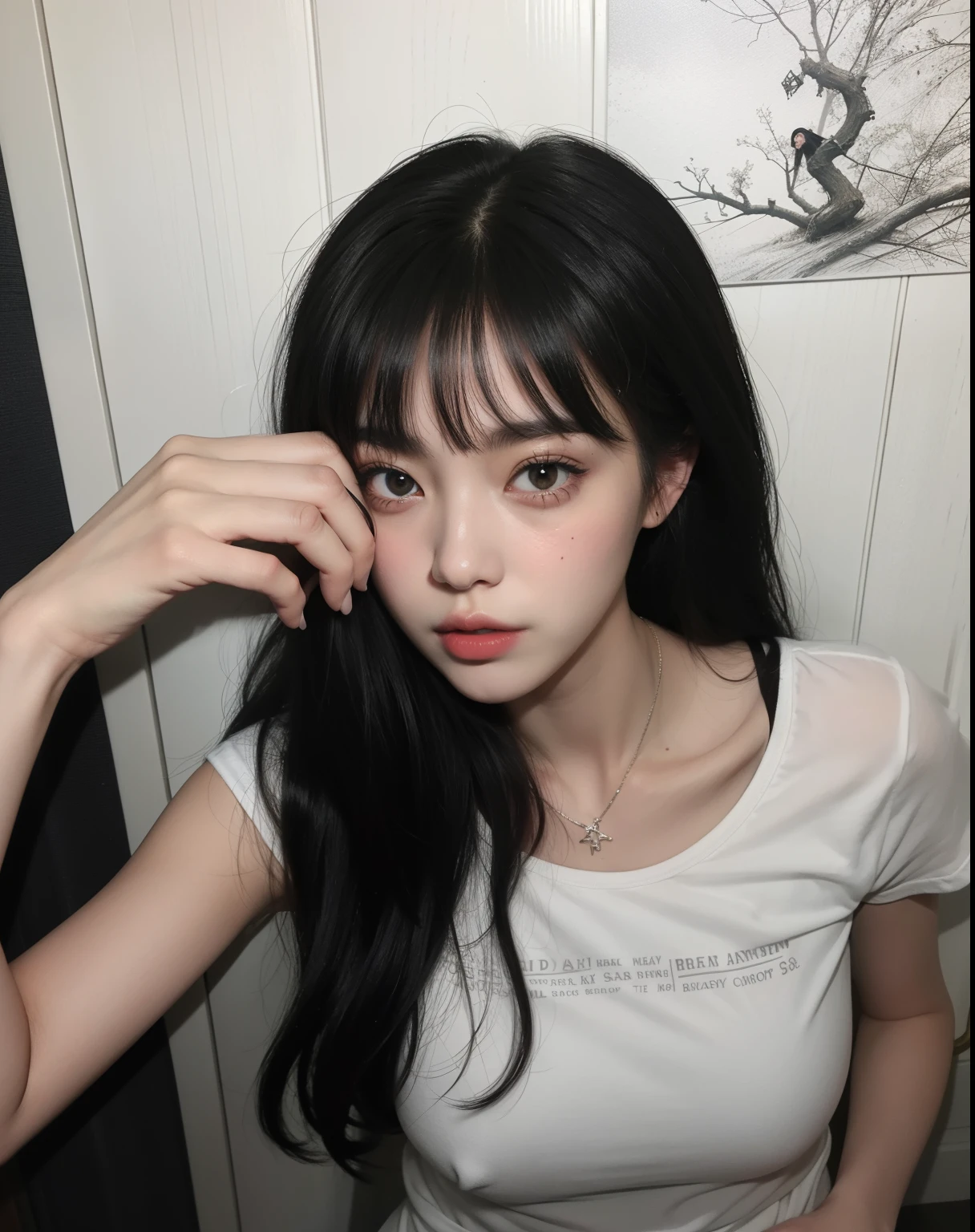 A woman with long, dark hair wearing a white shirt with the word "dead" written in black letters. The girl is holding her hand to her face. The background features a white door and a drawing of a person with a sword. Gothic girl aesthetics, kanliu666, Full-body Ulzzang, Xianxia, pale gothic beauty, Anime girl in real life, .