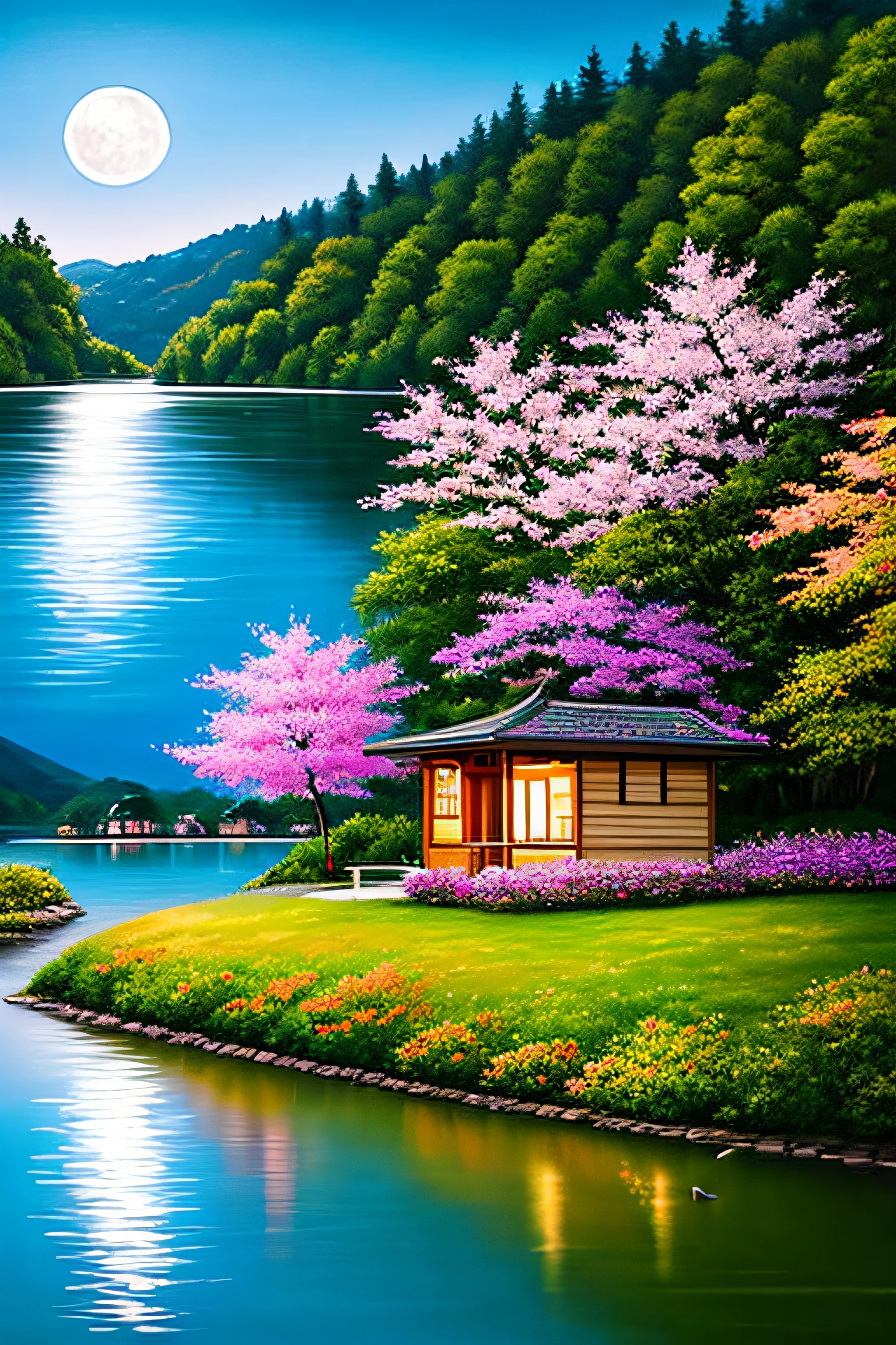 Evoke a sense of serenity with this digital painting that transports you to a moonlit lakeside paradise. Beneath the shimmering night sky, a cherry blossom tree graces the scene while small houses line the water's edge, creating a picturesque and calming view. 🌌🏡🎨 🌙 Immerse yourself in the gentle radiance of the moonlit lakeside. 🌸 Explore the cozy charm of the small houses nestled along the tranquil waters. 🎨 Experience the artist's meticulous attention to detail, as they breathe life into the delicate cherry blossoms on the digital canvas...
