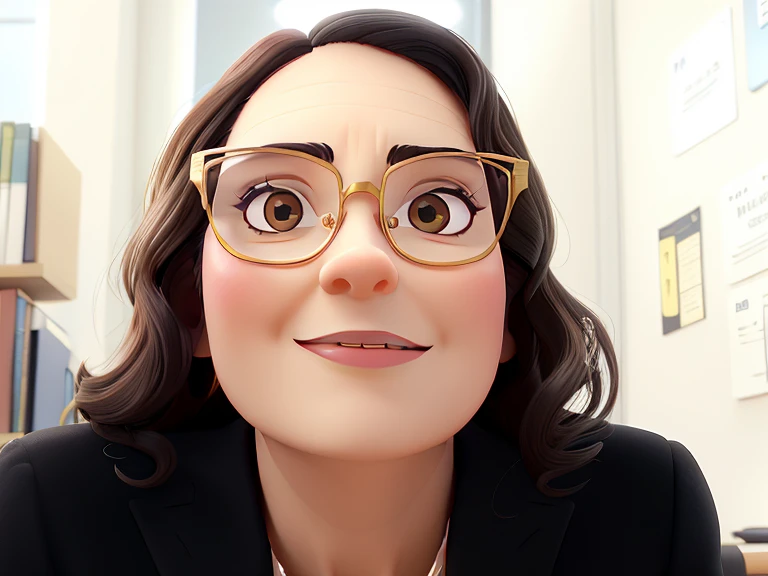 An executive, mature, Serious, Chic and wise woman with medium wavy dark hair, black eyes, small eyes and big mouth, prescription glasses with gold frames in chic law office