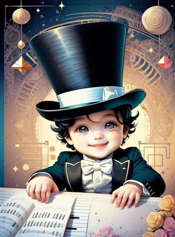 (cute baby boy smiling with top hat playing a piano), Munchkin ,Geometric multidimensional wall portrait, livro de arte, Tchibi,
Yang08k, Beautiful, Colouring,
Obras, of the highest quality, best quality, Arte Oficial, Beautiful and Aesthetic,