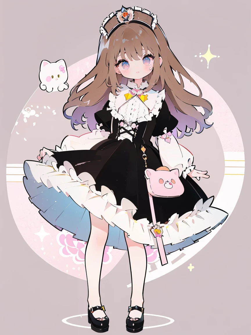 One girl、cute little、masterpiece, top-quality、Top image quality, cafe background, in dress, cafe waitress, miuna, slender, (brown hair:1.3), medium breasts, (long hair:1.2), full body, (round face:1.4), (round chin:1.4), (glossy lips:1.2), sparkling pink detailed glass eyes, looking at viewer, cafe striped pink and white marshmellow party, jrkjs, detailed, skirt, thighhighs, lace, shirt, cute brown mary jane heel shoes open toe, jirai kei,Smile, BREAK, ((gothic lolianska:1.5)), (Wain reddo dress with pastel color lace decoration), jewelry decorated waitress dress, striped cloth, colorful Clothes, gradient background, Floating light spot, ((Princess in a gorgeous rococo ball gown decorated with beautiful embroidery and jewels, with a voluminous full-length hoop skirt with ruffles)), ((crinoline)), (sparkle) of the anime girl, detailed five fingers on each hand, 2 hands, 2 feet, knee white stocking, cute face, sparkle big eyes long lashes, standing in a dynamic pose, kawaii accessories cute hello kitty charm and golden chain purse, hair accessory, at background, detailed cute fluffy brown bear, soft warm inviting, cafe table bread coffee, pastel light yellow light pink colors,illustration in the style of @ekureea on X twitter, Lolita gdress, art by @hareroom1 on Twitter, beautiful line art, manga, beautiful line art, manga style, manga art style, pencil and ink caricature drawing, flat colours, detailed, attention to detail,
