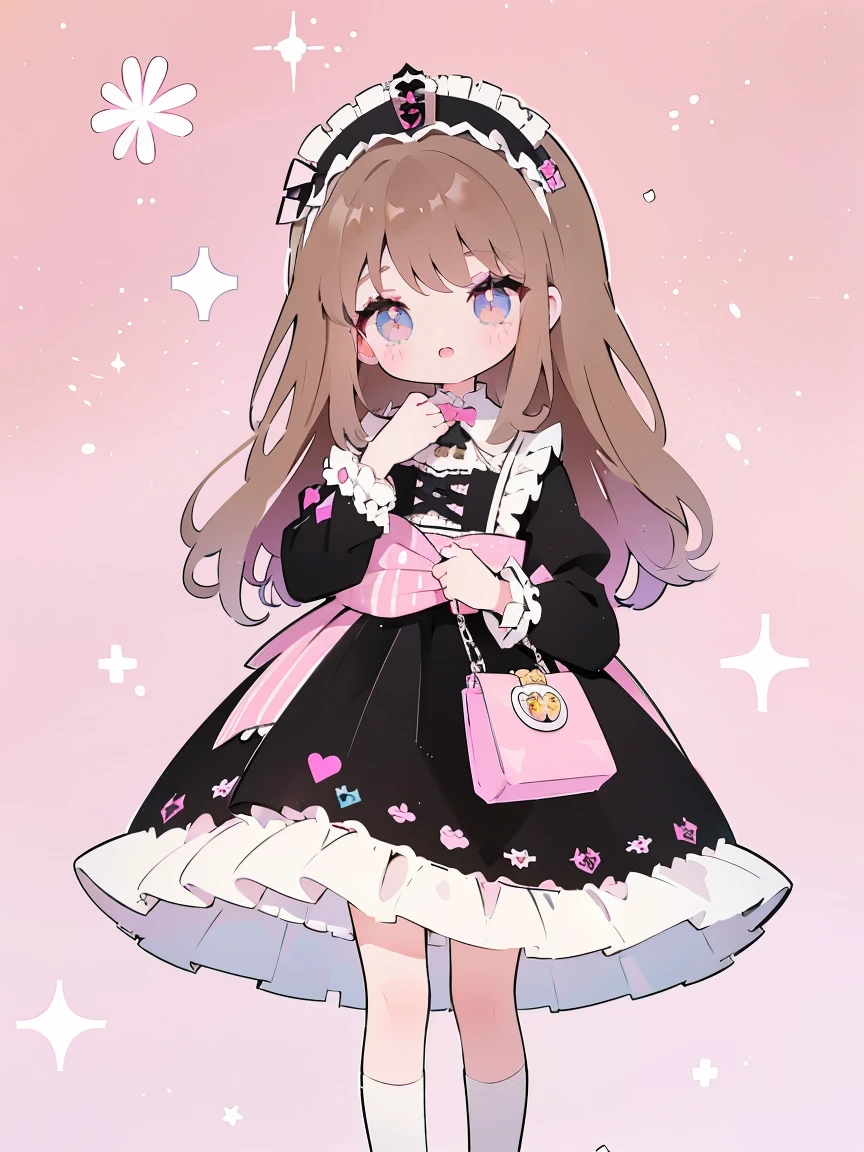 One girl、cute little、masterpiece, top-quality、Top image quality, cafe background, in dress, cafe waitress, miuna, slender, (brown hair:1.3), medium breasts, (long hair:1.2), full body, (round face:1.4), (round chin:1.4), (glossy lips:1.2), sparkling pink detailed glass eyes, looking at viewer, cafe striped pink and white marshmellow party, jrkjs, detailed, skirt, thighhighs, lace, shirt, cute brown mary jane heel shoes open toe, jirai kei,Smile, BREAK, ((gothic lolianska:1.5)), (Wain reddo dress with pastel color lace decoration), jewelry decorated waitress dress, striped cloth, colorful Clothes, gradient background, Floating light spot, ((Princess in a gorgeous rococo ball gown decorated with beautiful embroidery and jewels, with a voluminous full-length hoop skirt with ruffles)), ((crinoline)), (sparkle) of the anime girl, detailed five fingers on each hand, 2 hands, 2 feet, knee white stocking, cute face, sparkle big eyes long lashes, standing in a dynamic pose, kawaii accessories cute hello kitty charm and golden chain purse, hair accessory, at background, detailed cute fluffy brown bear, soft warm inviting, cafe table bread coffee, pastel light yellow light pink colors,illustration in the style of @ekureea on X twitter, Lolita gdress, art by @hareroom1 on Twitter, beautiful line art, manga, beautiful line art, manga style, manga art style, pencil and ink caricature drawing, flat colours, detailed, attention to detail,