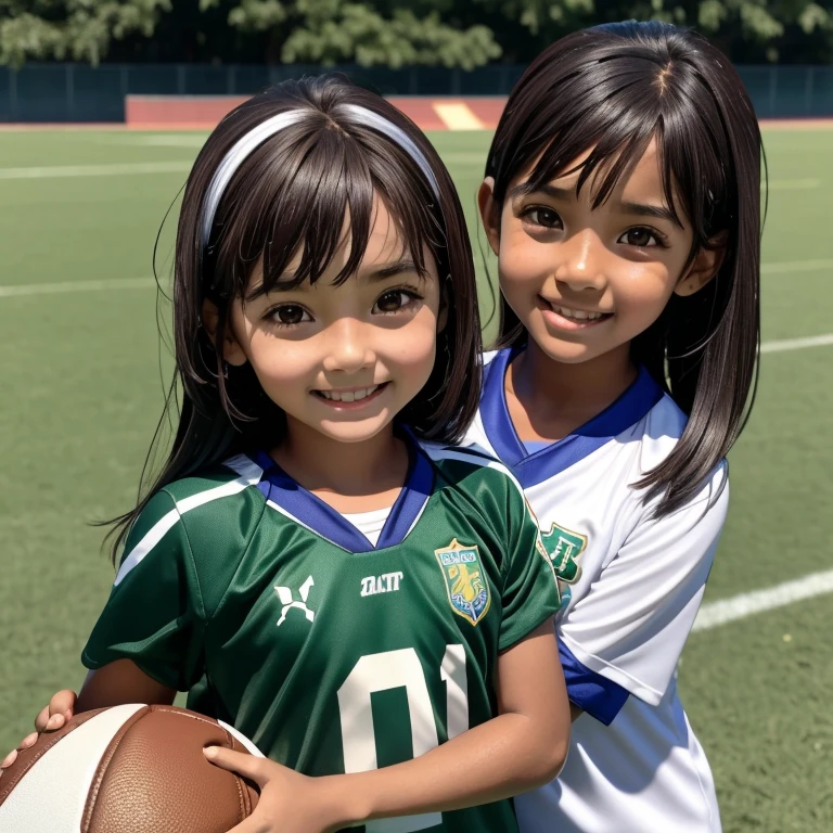 7 girl, shoulder-length straight dark hair, vibrant dark brown eyes, tan skin, wearing a Minas Gerais athletic football team Joy happily with grandparents