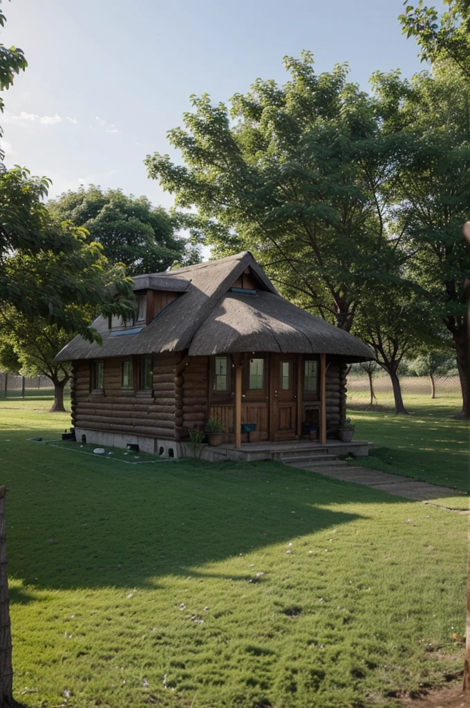 a little cottage hut on the field with beautiful view with a few trees around it