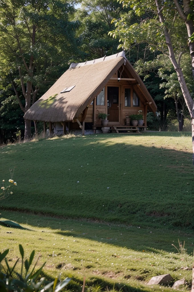 a little cottage hut on the field with beautiful view with a few trees around it
