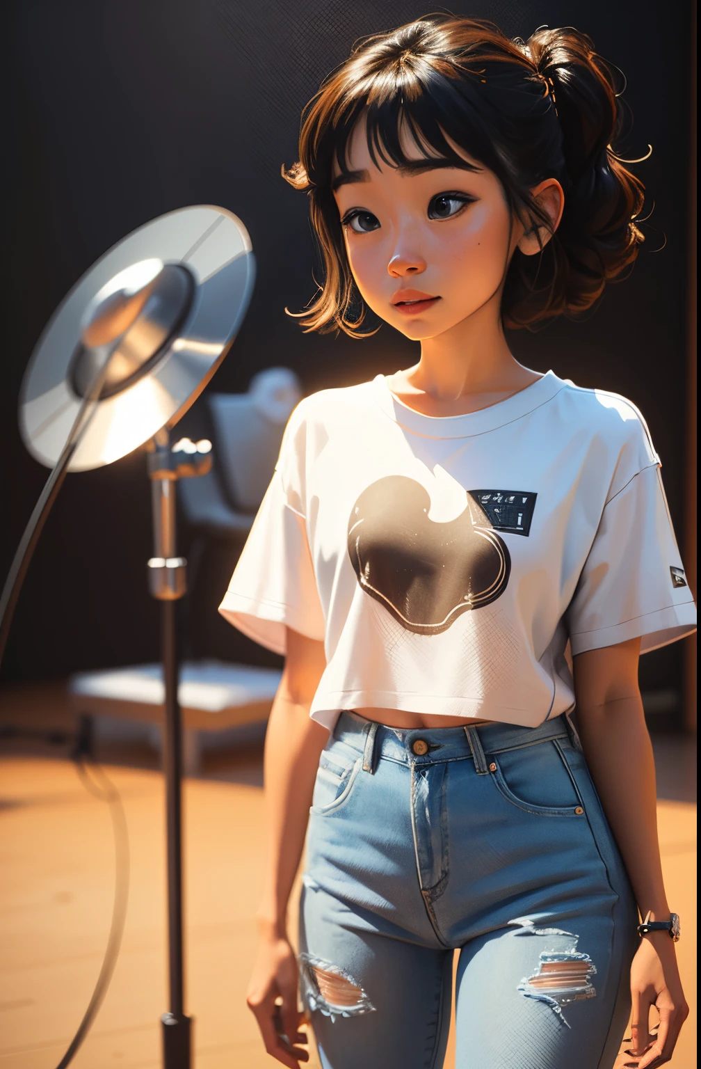 A with Pundo Standing in Front of a Microphone, Disney Animation, piel morena como tierra, Cool Studio Lighting, Evokes feelings of joy, beautiful artist rendering, como personaje de Pixar, Kawai, Usar jeans, inspirado por Sheila McClean, Artista desconocido, querúbico, por Charles Fremont Conner --auto --s2