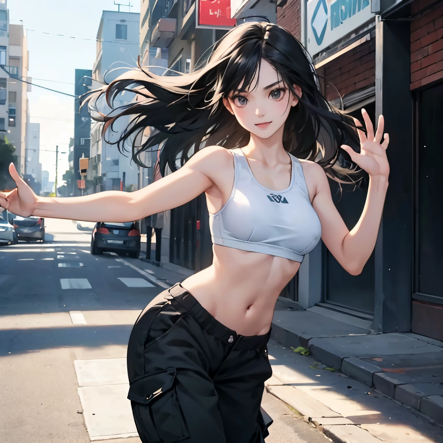 1girl in,Cute girl doing street dance,ssmile,Long black hair fluttering in the wind,tre anatomically correct,Slender but big breasts,erectile nipple,Navel,Precise fingers,Sportsbra,Cargo pants,Sports sneakers,Dance with active poses and angles,photorealisim,​masterpiece,in a street,