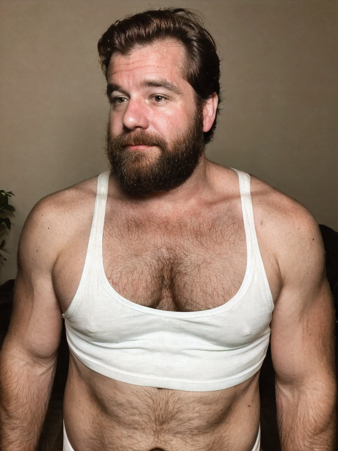 Paloroid image, old distroted, thirstrap, Hot hunky uncle, hairy, macho, ugly, wearing a white tank top:1.4, relaxing at home, hot photo, erotic photo