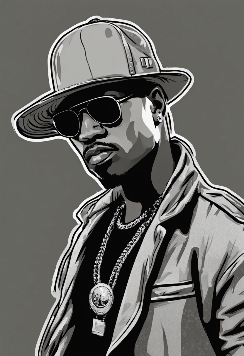 pacth style art sticker for cap print with gangster rap theme, image centered 1 centimeter from the edges, medium gray color background