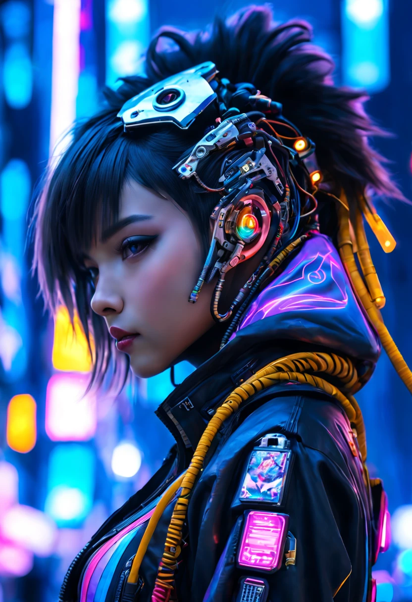 ((extremely delicate and beautiful cybernetic girl)), ((mechanical limb, mechanical vertebrae)), ((mechanical cervical attaching to neck)), (wires and cables attaching to neck:1.2), ((mass of wires and cables on head)), ((wearing colorful Harajuku tech jacket with logos)), (character focuacing camera pose)), ((cowboy shot)), (masterpiece), (((best quality))), ((ultra-detailed)), (highly detailed photorealistic CG illustration), cinematic lighting, science fiction, extremely detailed,colorful,highest detail, (((cyberpunk city background, (Blade Runner), Harajuku district)))