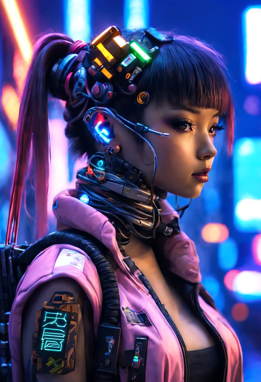 ((extremely delicate and beautiful cybernetic girl)), ((mechanical limb, mechanical vertebrae)), ((mechanical cervical attaching to neck)), (wires and cables attaching to neck:1.2), ((mass of wires and cables on head)), ((wearing colorful Harajuku tech jacket with logos)), (character focuacing camera pose)), ((cowboy shot)), (masterpiece), (((best quality))), ((ultra-detailed)), (highly detailed photorealistic CG illustration), cinematic lighting, science fiction, extremely detailed,colorful,highest detail, (((cyberpunk city background, (Blade Runner), Harajuku district)))