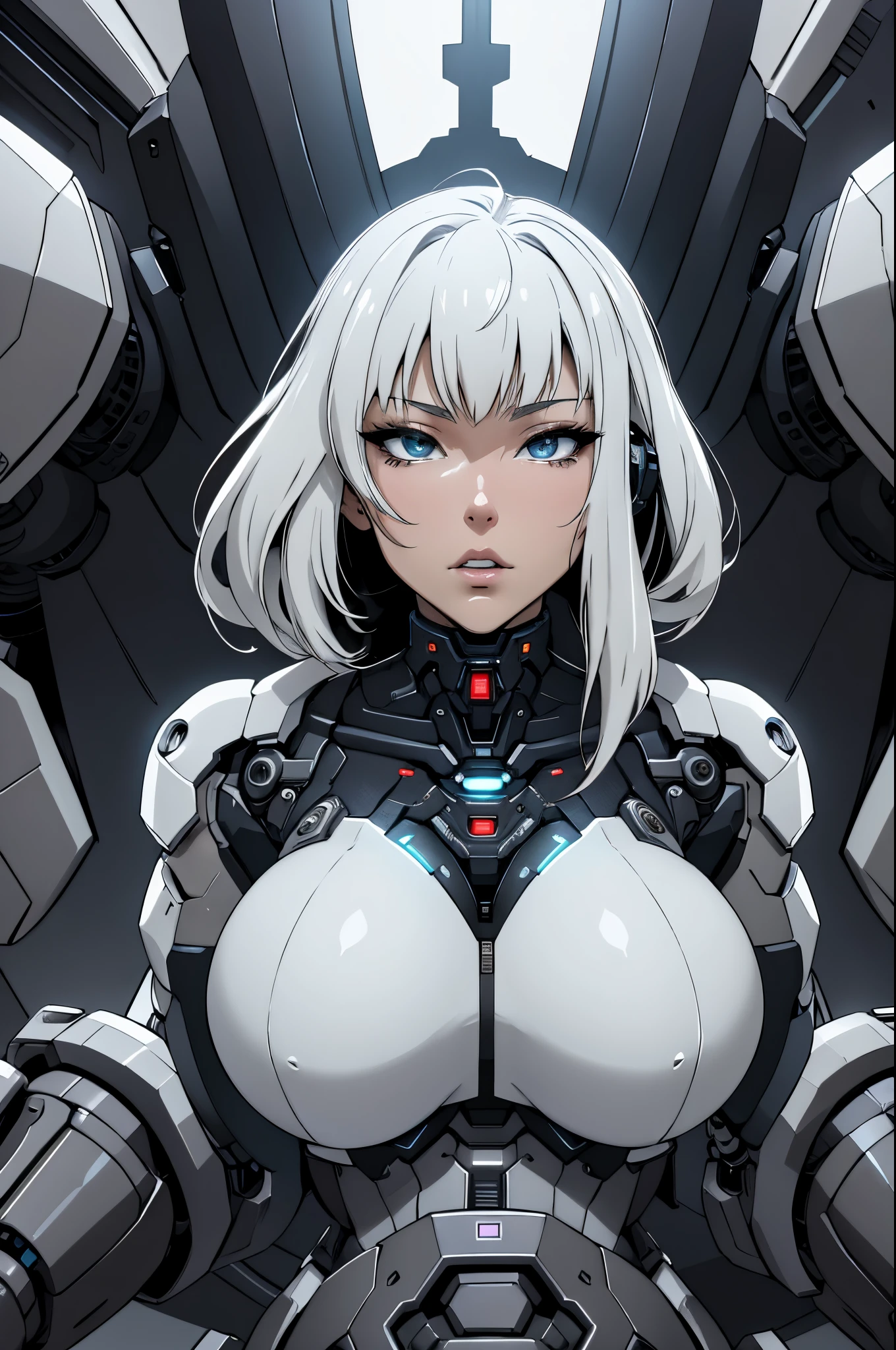 Dark_Fantasy,Cyberpunk, (Best Quality, masutepiece),white,1woman,(huge breasts:1.3),Mechanical Marvel,Robotic presence,Cybernetic Guardian,wearing a cybernetic jacket,city, highest quality digital art, stunning art, Wallpaper 4k, Highly detailed, Military Robots,army, Warzone,Black and white, highest quality digital art, stunning art, Wallpaper 4k,8K,64k uhd, hard disk, unparalleled masterpiece ever, Dynamic lighting, Cinematic, epicd, Damaged mechanical components