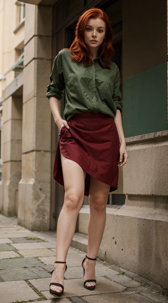 British woman, ankle-length red hair, green eyes, baggy shirt, skirt, stiletto heels, standing